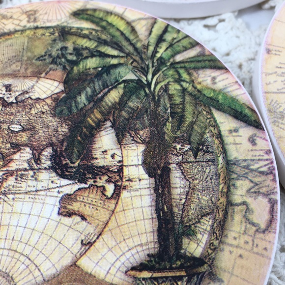 Sold- World Map & Palm Tree Coaster Set Absorbent Stone Dolomite Olson - Picture 4 of 5